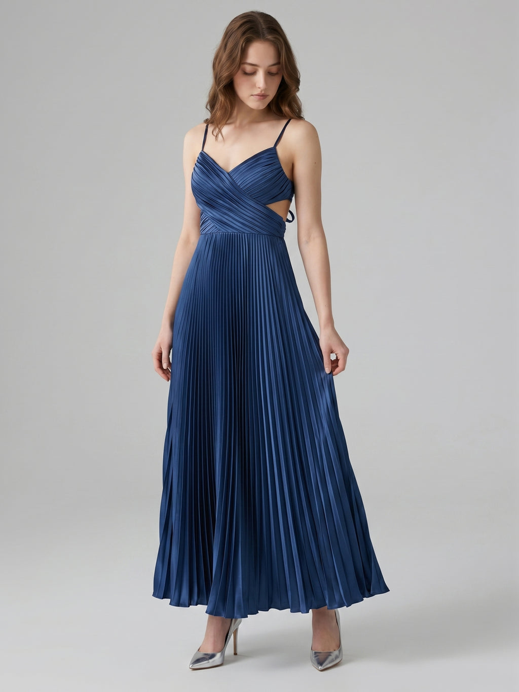 Navy Blue Satin A-Line Sweetheart Back Zip Ankle-Length Bridesmaid Dress Pleated