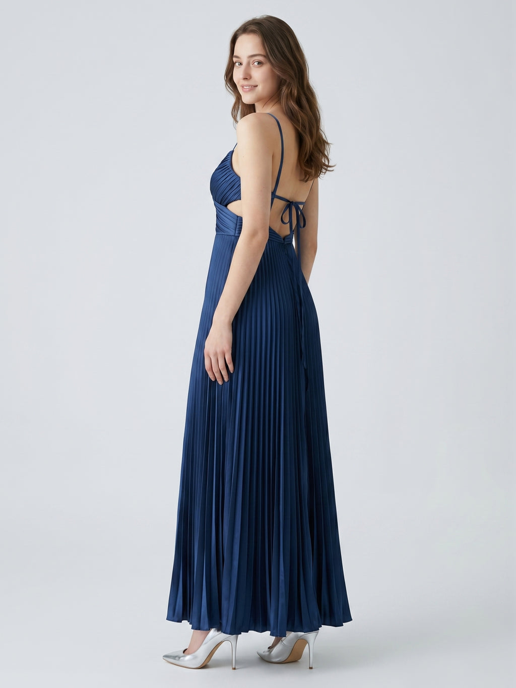 Navy Blue Satin A-Line Sweetheart Back Zip Ankle-Length Bridesmaid Dress Pleated