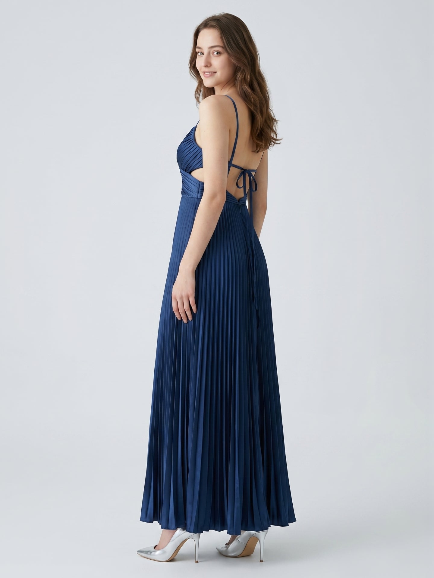 Navy Blue Satin A-Line Sweetheart Back Zip Ankle-Length Bridesmaid Dress Pleated