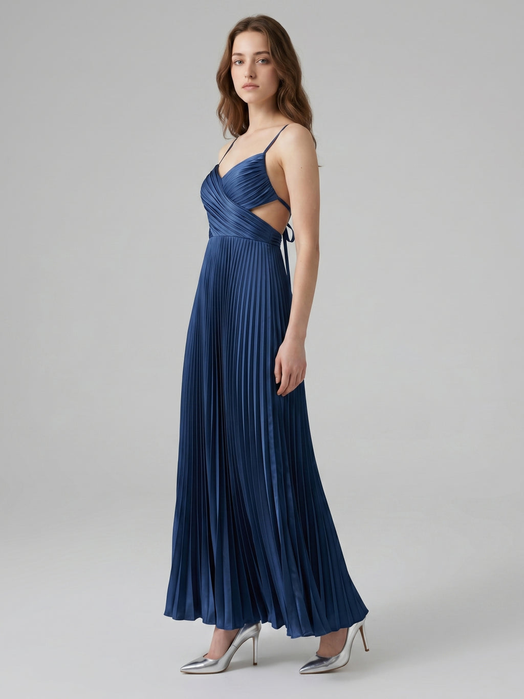 Navy Blue Satin A-Line Sweetheart Back Zip Ankle-Length Bridesmaid Dress Pleated