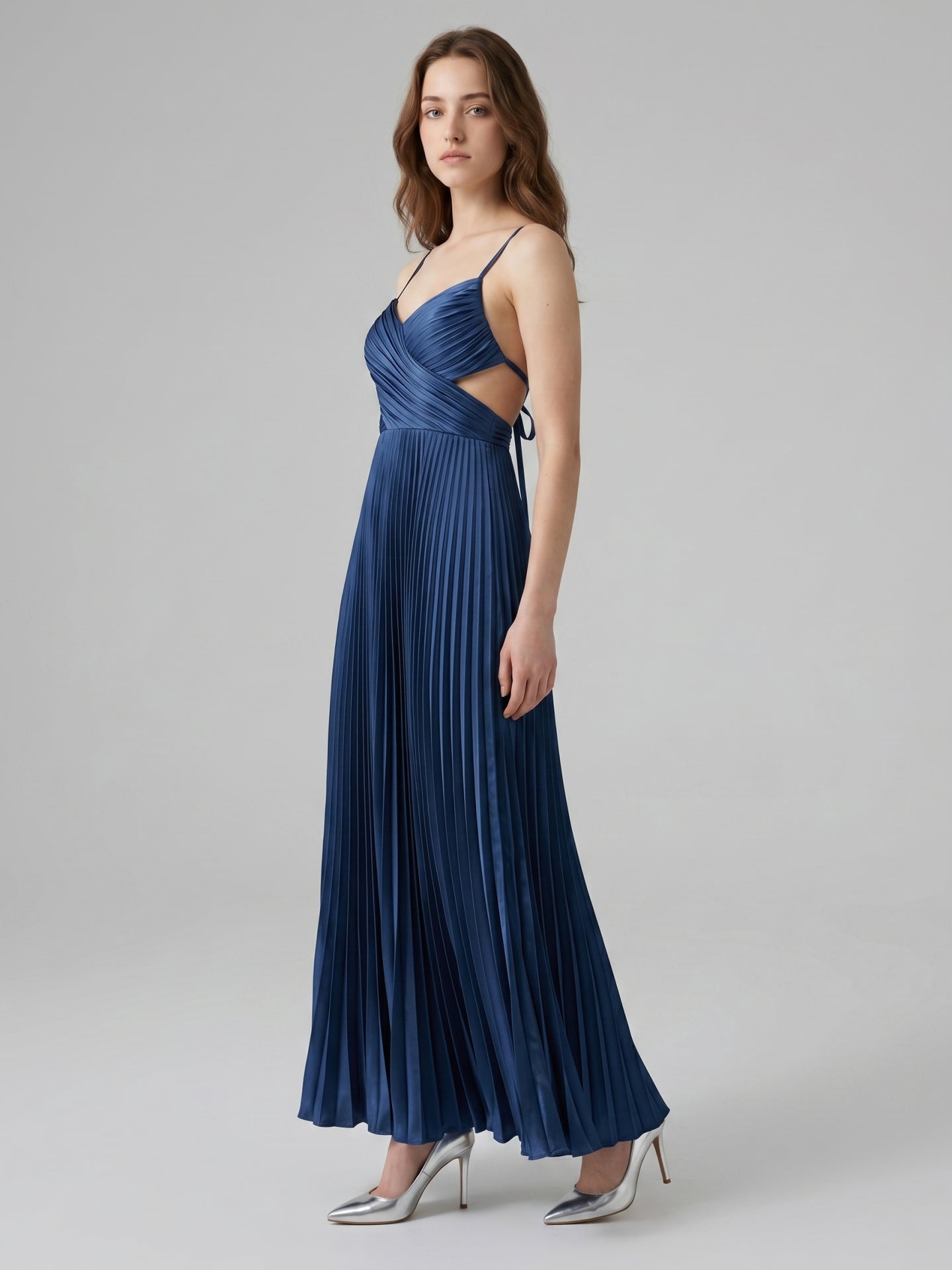 Navy Blue Satin A-Line Sweetheart Back Zip Ankle-Length Bridesmaid Dress Pleated