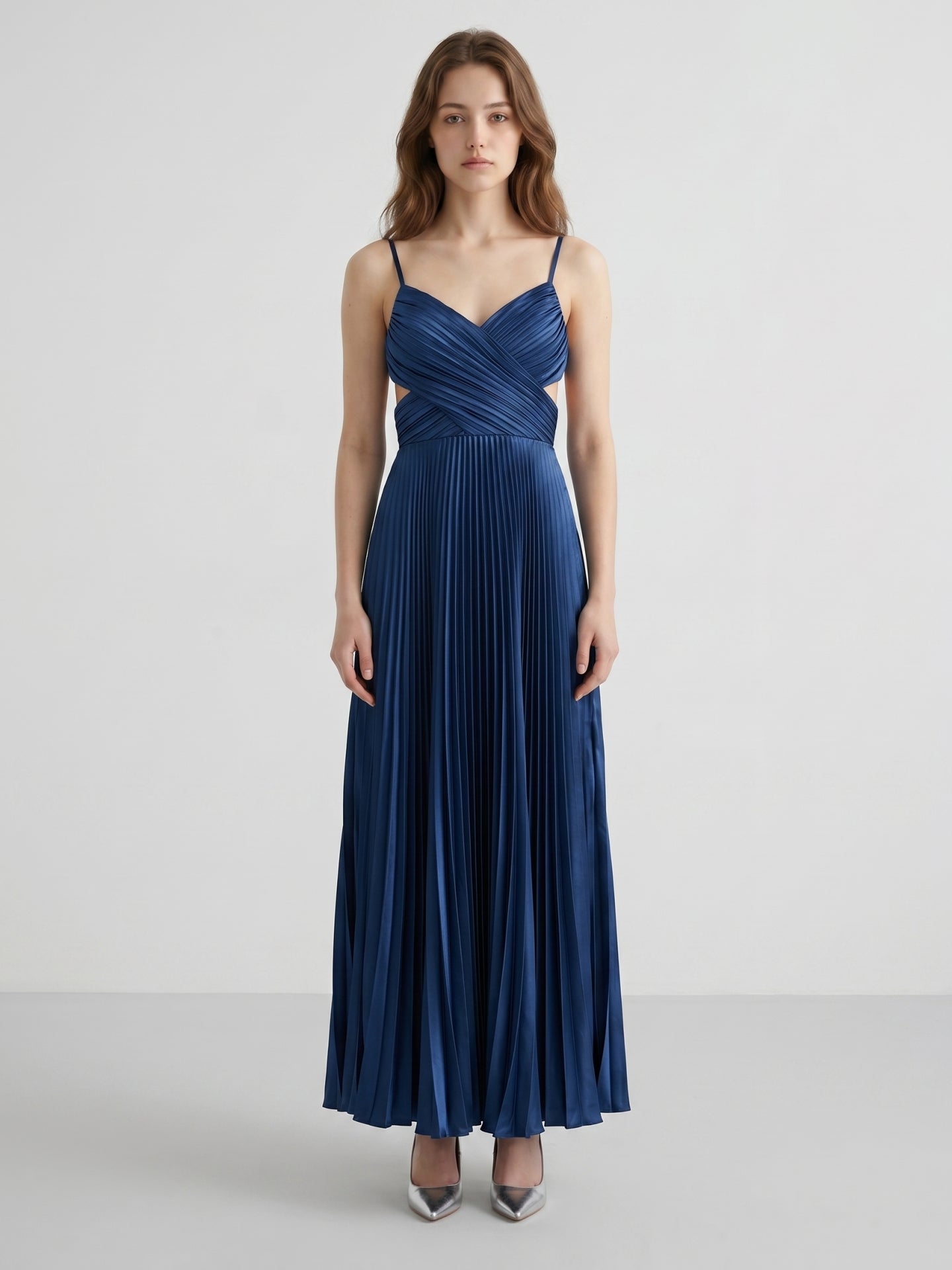 Navy Blue Satin A-Line Sweetheart Back Zip Ankle-Length Bridesmaid Dress Pleated