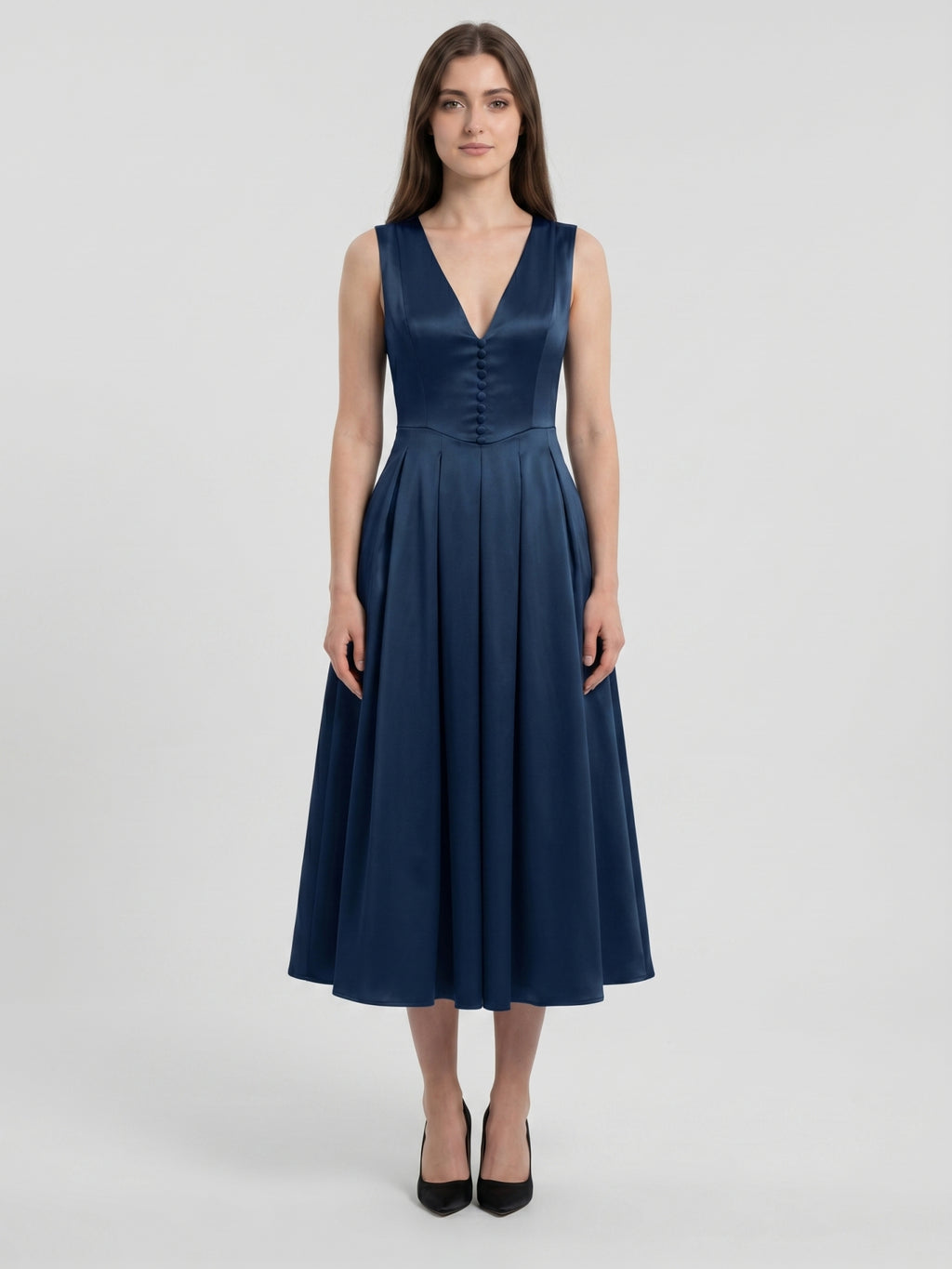 Navy Blue Satin A-Line V-Neck Back Zip Tea-Length Bridesmaid Dress with Pleated Details
