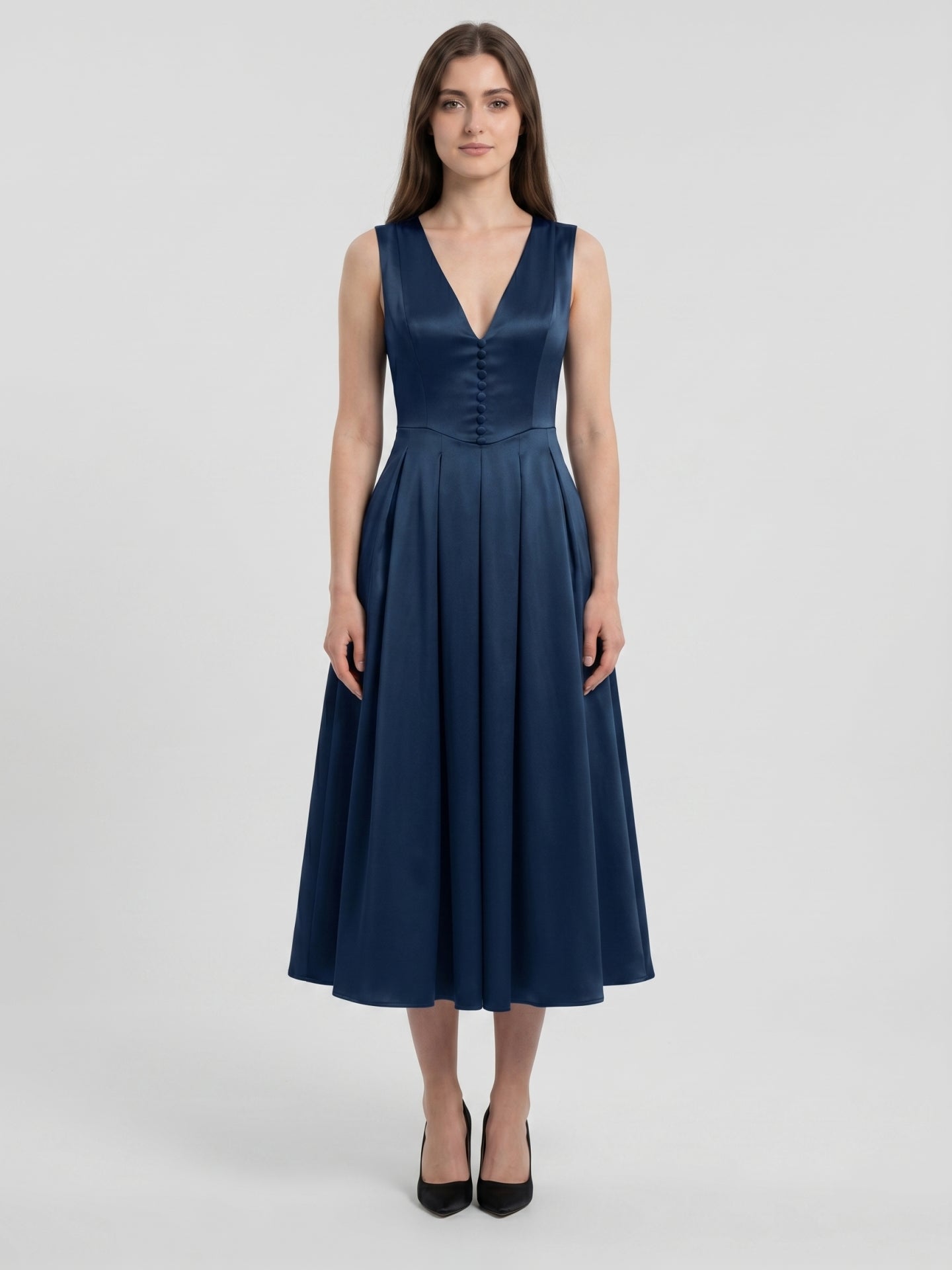 Navy Blue Satin A-Line V-Neck Back Zip Tea-Length Bridesmaid Dress with Pleated Details