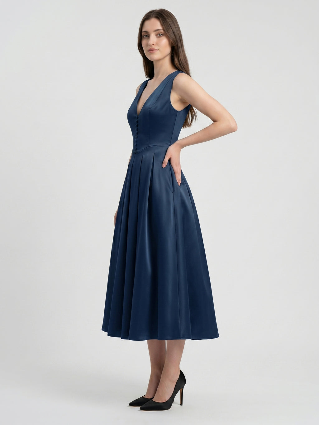 Navy Blue Satin A-Line V-Neck Back Zip Tea-Length Bridesmaid Dress with Pleated Details