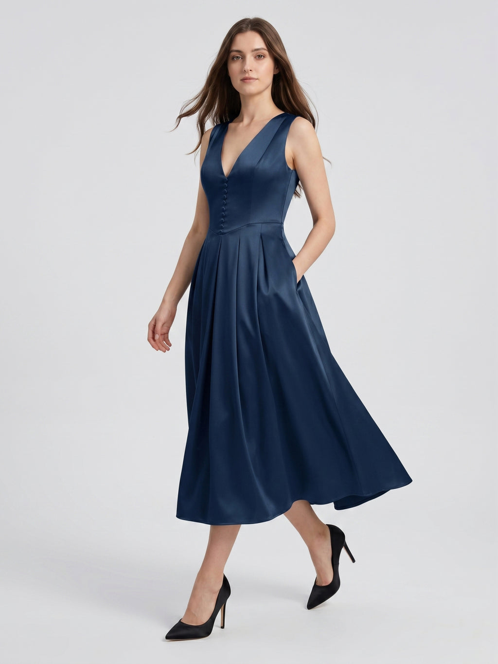 Navy Blue Satin A-Line V-Neck Back Zip Tea-Length Bridesmaid Dress with Pleated Details