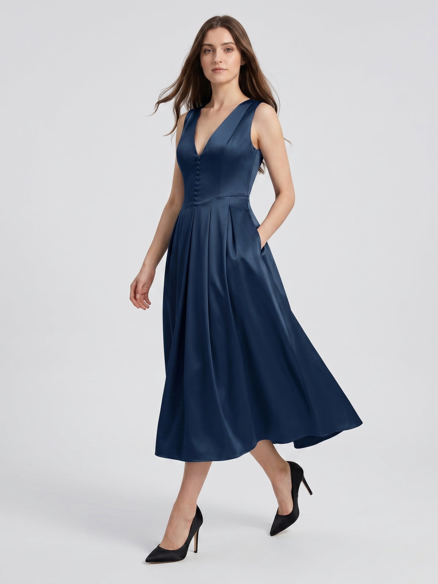 Navy Blue Satin A-Line V-Neck Back Zip Tea-Length Bridesmaid Dress with Pleated Details