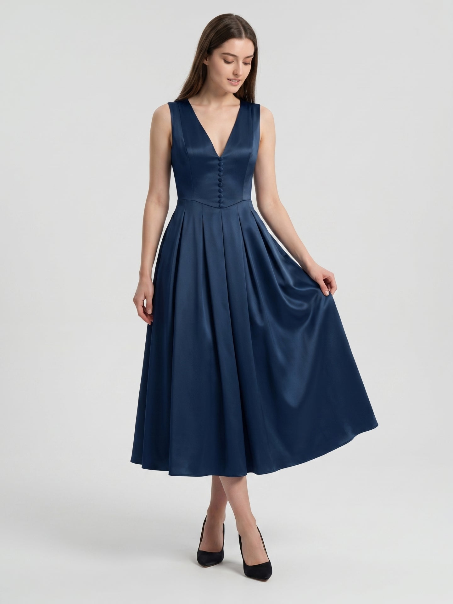 Navy Blue Satin A-Line V-Neck Back Zip Tea-Length Bridesmaid Dress with Pleated Details