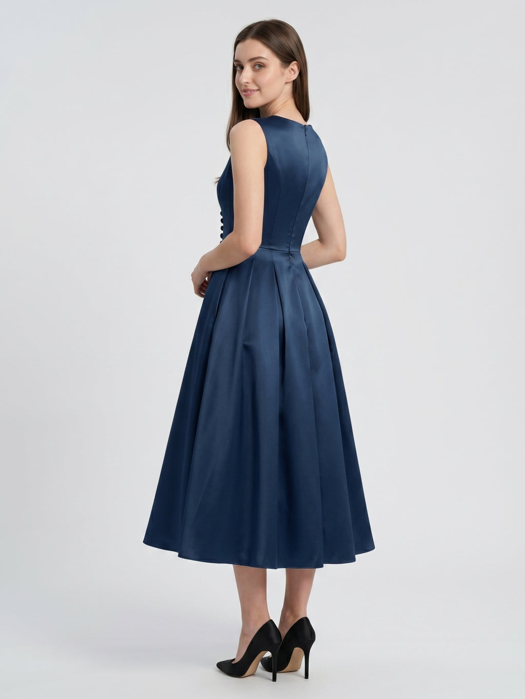 Navy Blue Satin A-Line V-Neck Back Zip Tea-Length Bridesmaid Dress with Pleated Details