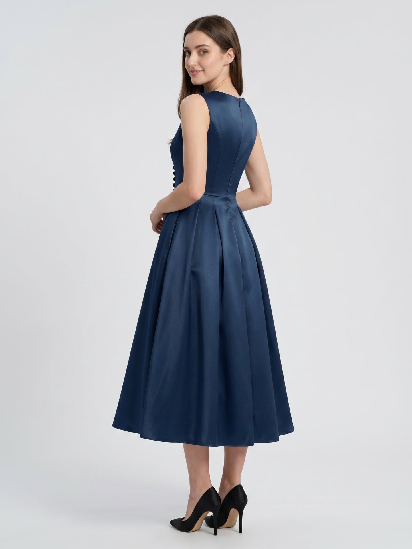 Navy Blue Satin A-Line V-Neck Back Zip Tea-Length Bridesmaid Dress with Pleated Details