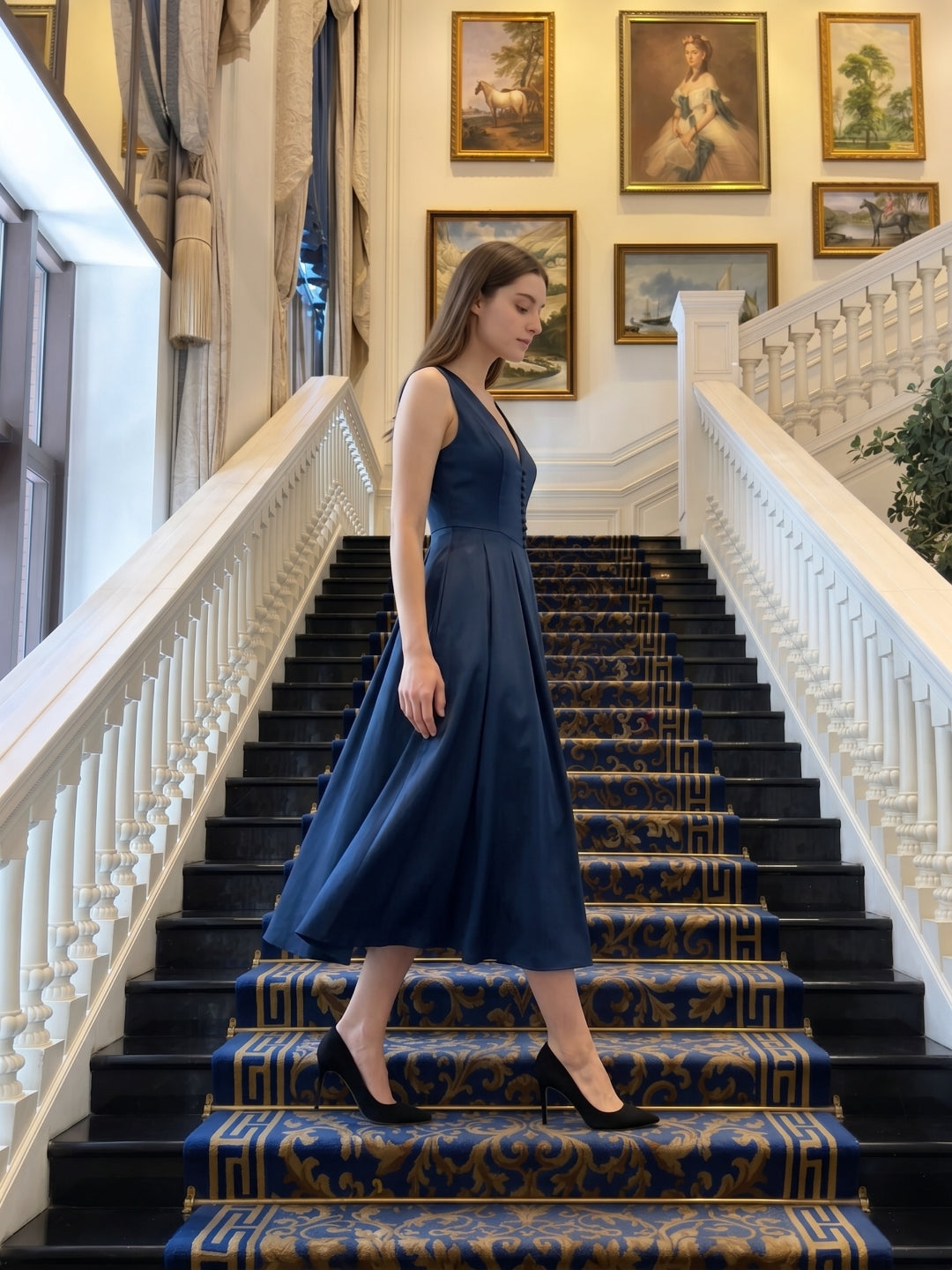 Navy Blue Satin A-Line V-Neck Back Zip Tea-Length Bridesmaid Dress with Pleated Details