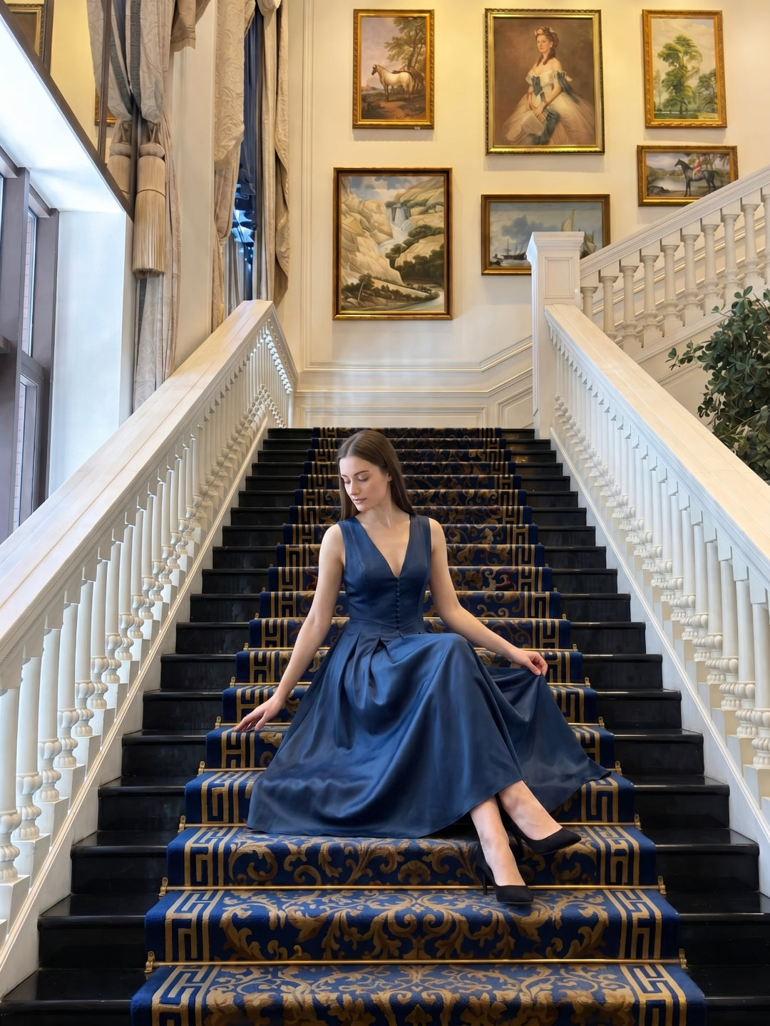 Navy Blue Satin A-Line V-Neck Back Zip Tea-Length Bridesmaid Dress with Pleated Details