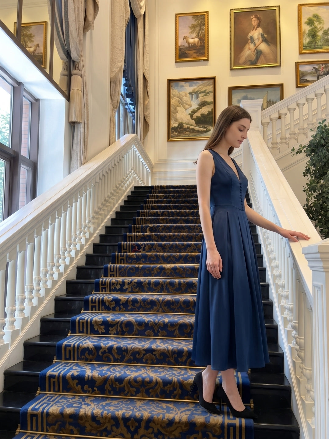 Navy Blue Satin A-Line V-Neck Back Zip Tea-Length Bridesmaid Dress with Pleated Details