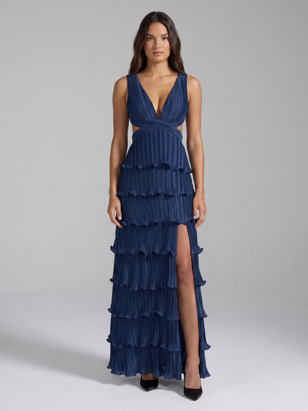 Navy Blue Satin A-Line V-Neck Criss-Cross Straps Ankle-Length Bridesmaid Dress with Pleated Skirt