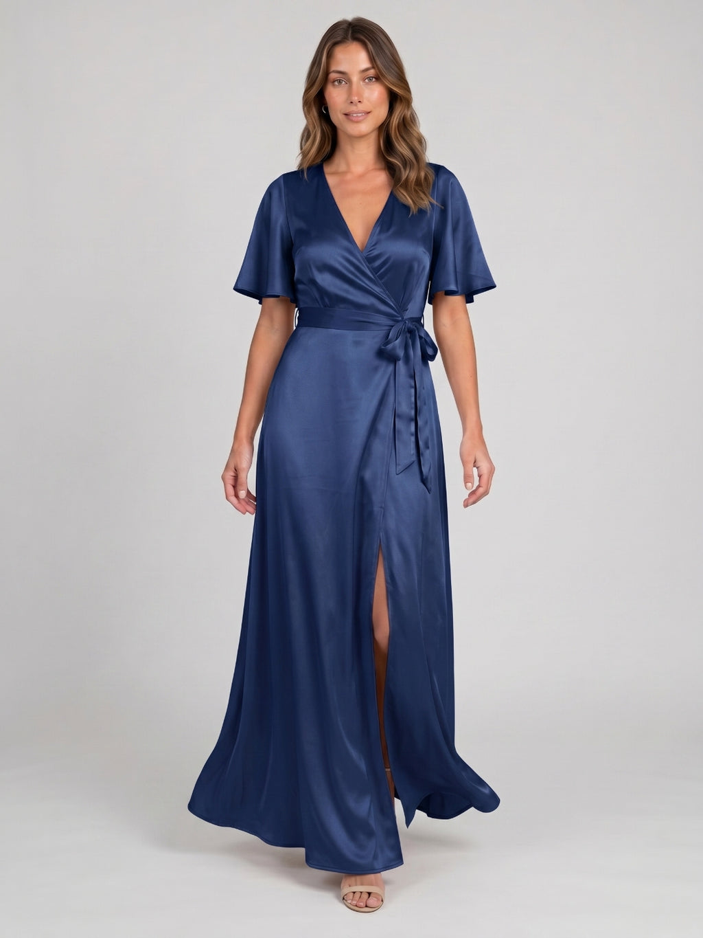 Navy Blue Satin A-Line V-Neck Floor-Length Bridesmaid Dress