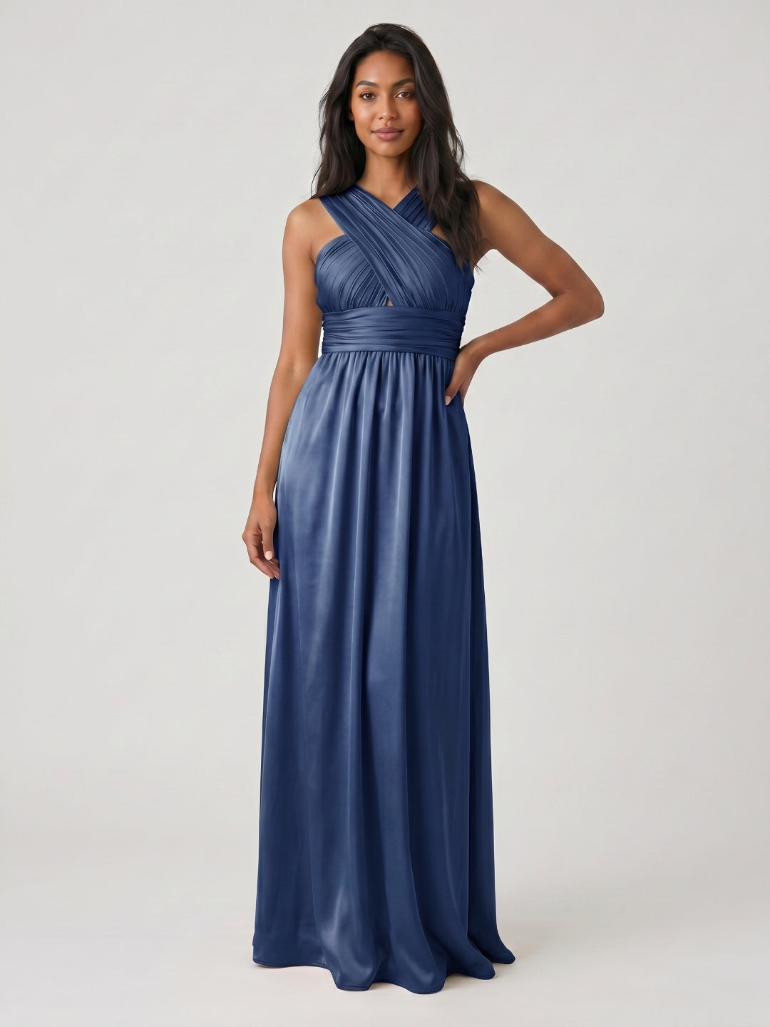 Navy Blue Satin A-Line V-Neck Floor-Length Bridesmaid Dress