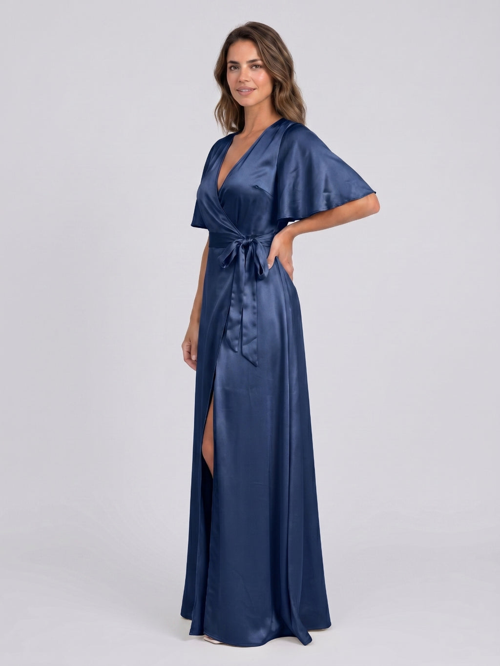 Navy Blue Satin A-Line V-Neck Floor-Length Bridesmaid Dress