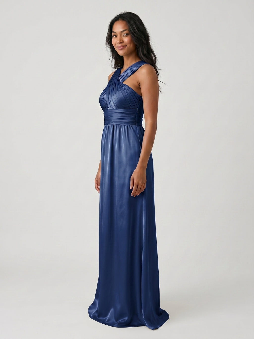 Navy Blue Satin A-Line V-Neck Floor-Length Bridesmaid Dress