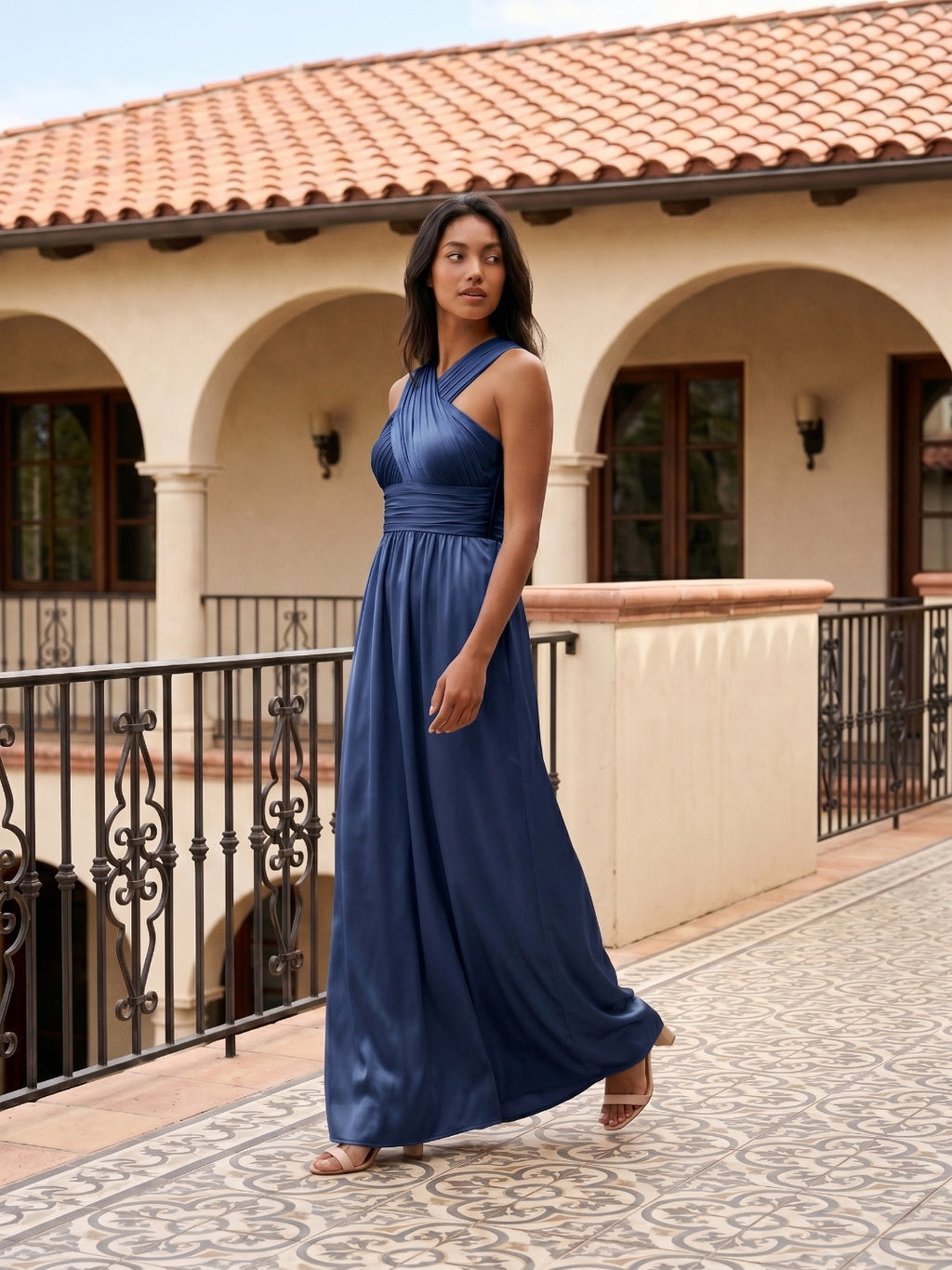 Navy Blue Satin A-Line V-Neck Floor-Length Bridesmaid Dress