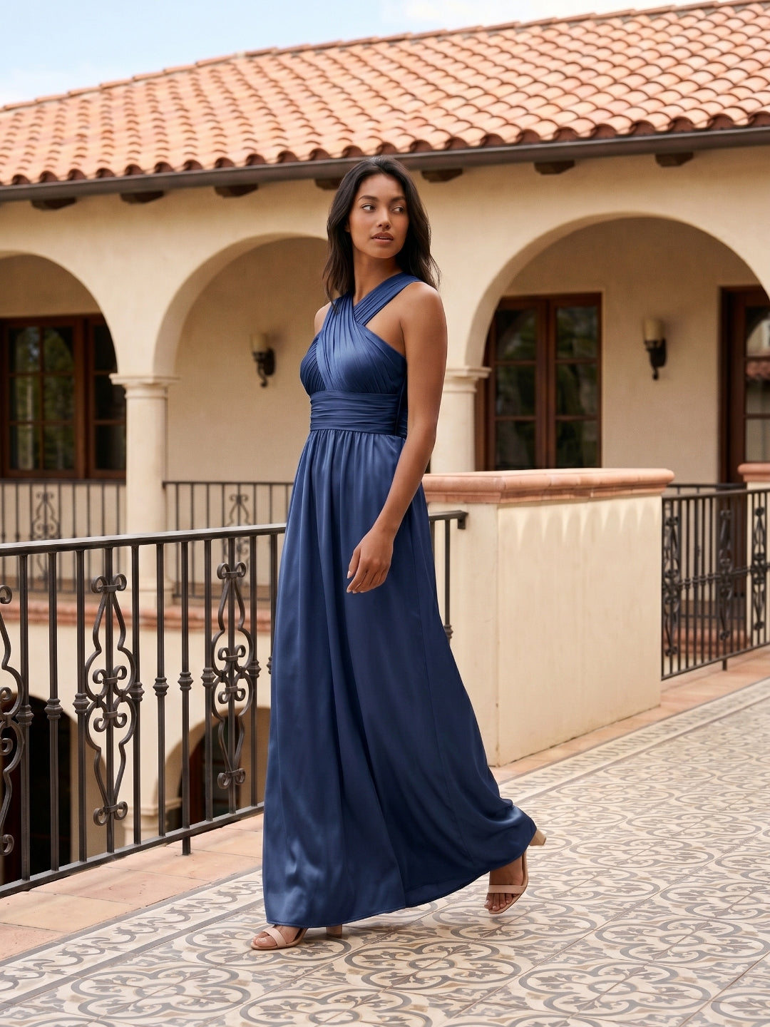 Navy Blue Satin A-Line V-Neck Floor-Length Bridesmaid Dress