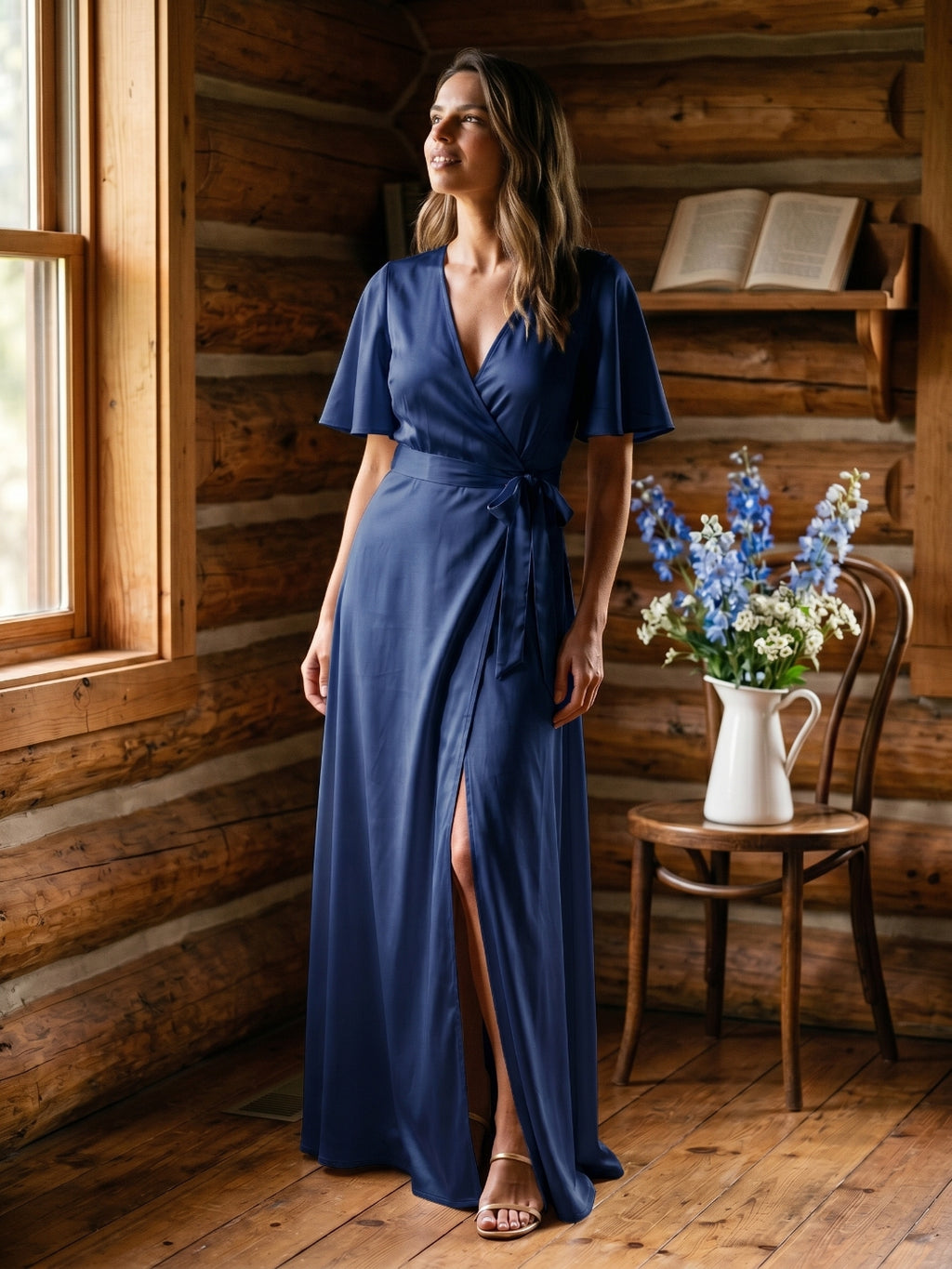 Navy Blue Satin A-Line V-Neck Floor-Length Bridesmaid Dress