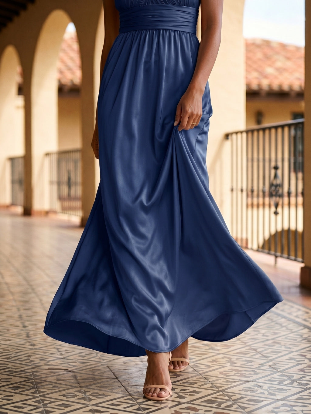 Navy Blue Satin A-Line V-Neck Floor-Length Bridesmaid Dress