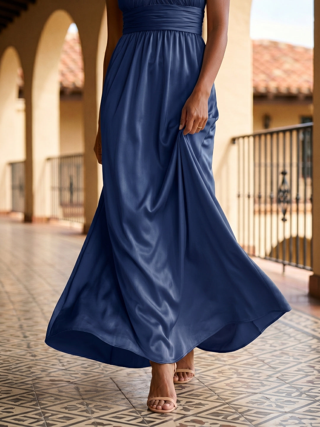 Navy Blue Satin A-Line V-Neck Floor-Length Bridesmaid Dress