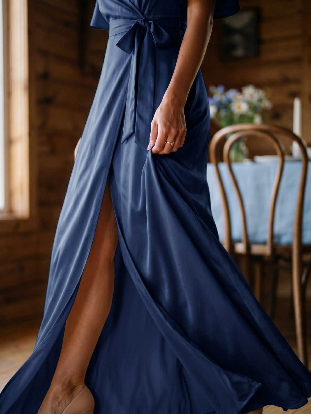 Navy Blue Satin A-Line V-Neck Floor-Length Bridesmaid Dress