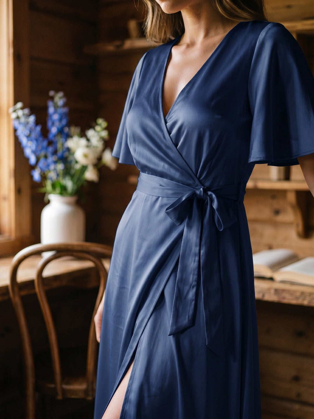 Navy Blue Satin A-Line V-Neck Floor-Length Bridesmaid Dress