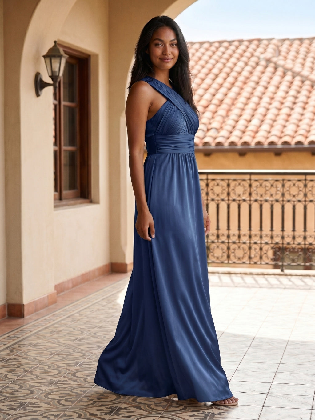 Navy Blue Satin A-Line V-Neck Floor-Length Bridesmaid Dress