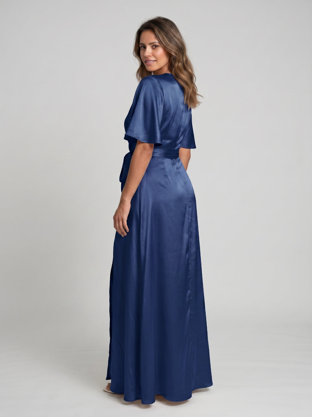 Navy Blue Satin A-Line V-Neck Floor-Length Bridesmaid Dress