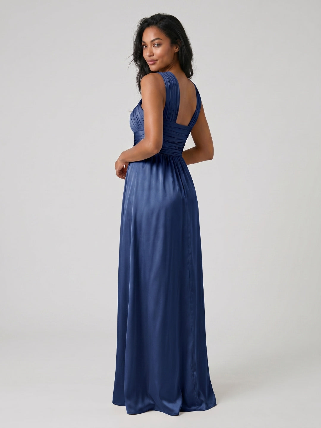 Navy Blue Satin A-Line V-Neck Floor-Length Bridesmaid Dress