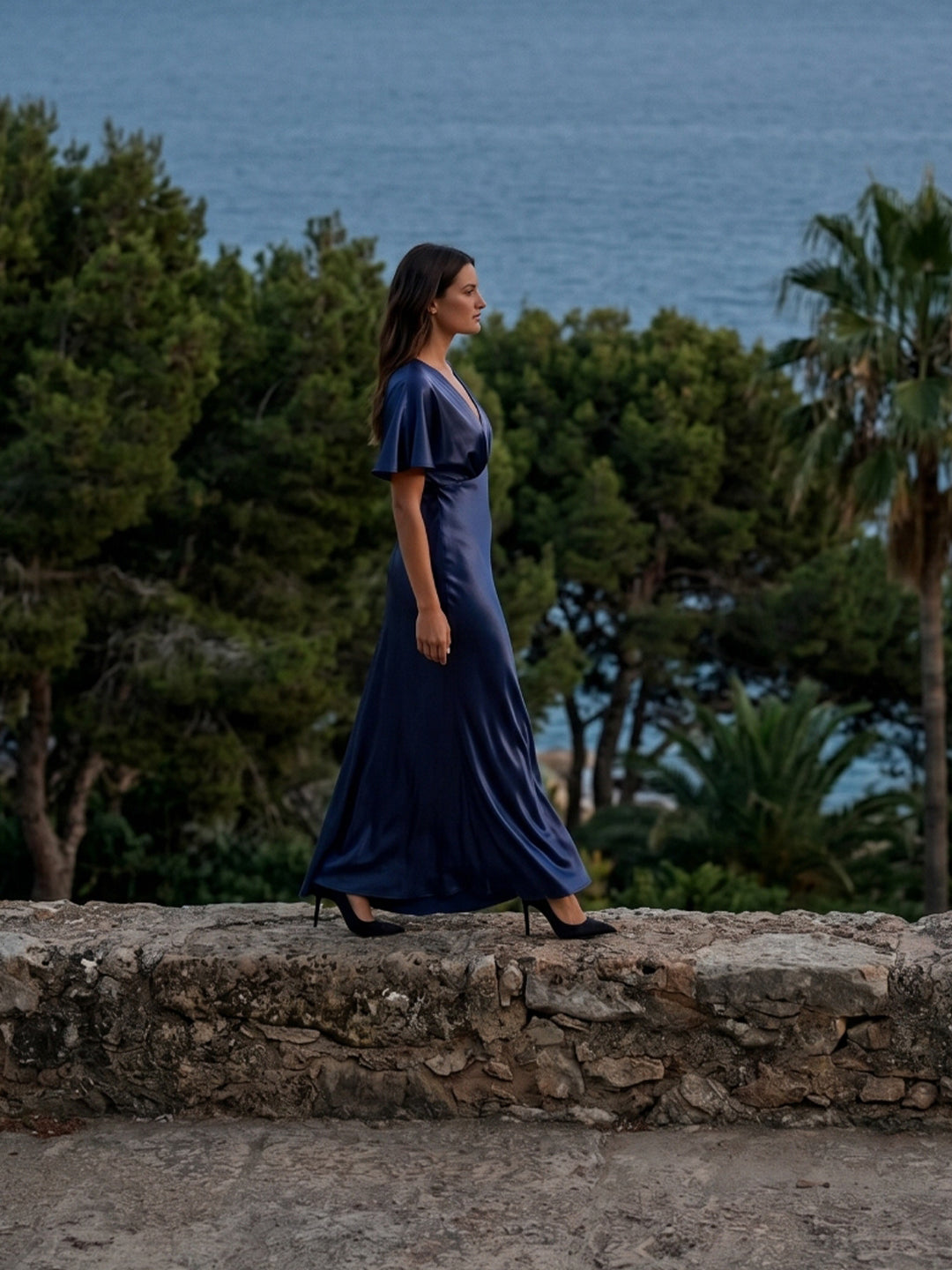Navy Blue Satin A-Line V-Neck Side Zip Floor-Length Bridesmaid Dress