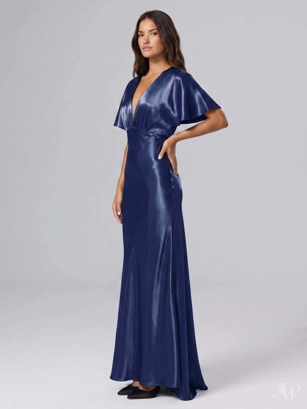 Navy Blue Satin A-Line V-Neck Side Zip Floor-Length Bridesmaid Dress