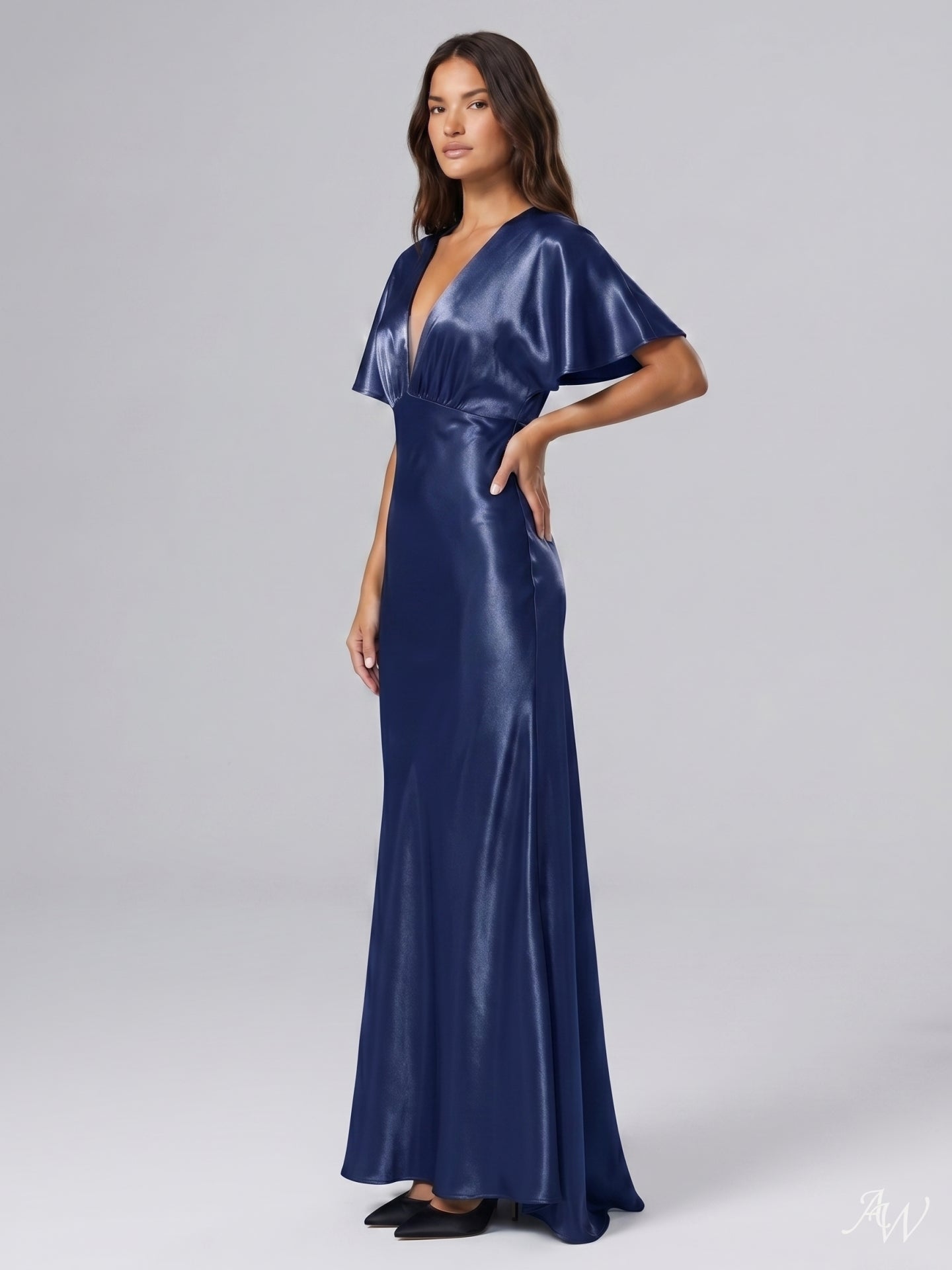 Navy Blue Satin A-Line V-Neck Side Zip Floor-Length Bridesmaid Dress
