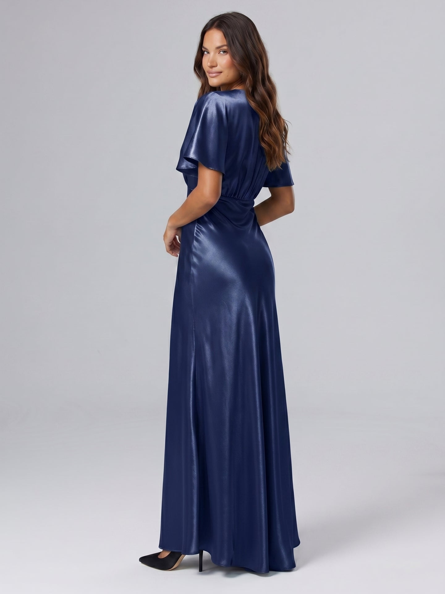 Navy Blue Satin A-Line V-Neck Side Zip Floor-Length Bridesmaid Dress