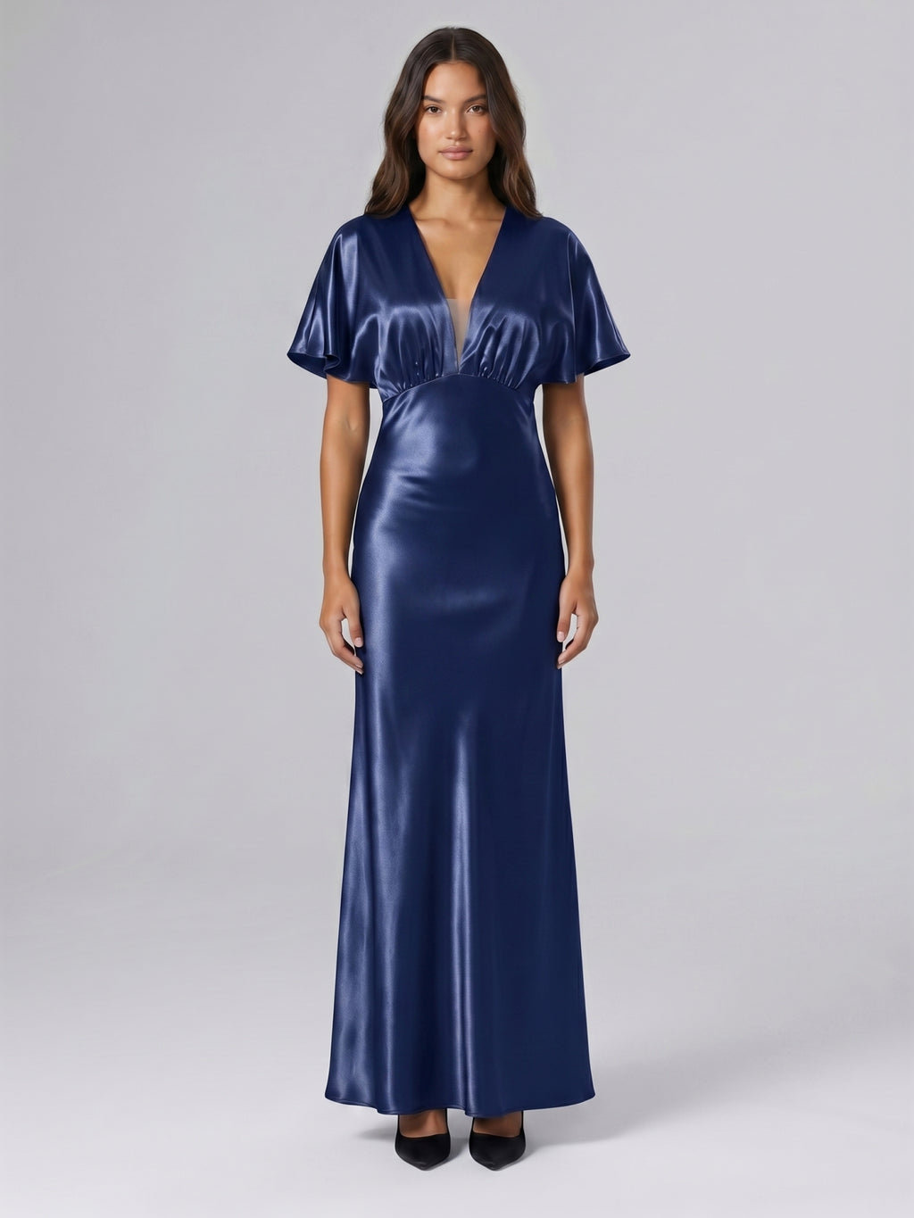 Navy Blue Satin A-Line V-Neck Side Zip Floor-Length Bridesmaid Dress