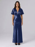 Navy Blue Satin A-Line V-Neck Side Zip Floor-Length Bridesmaid Dress