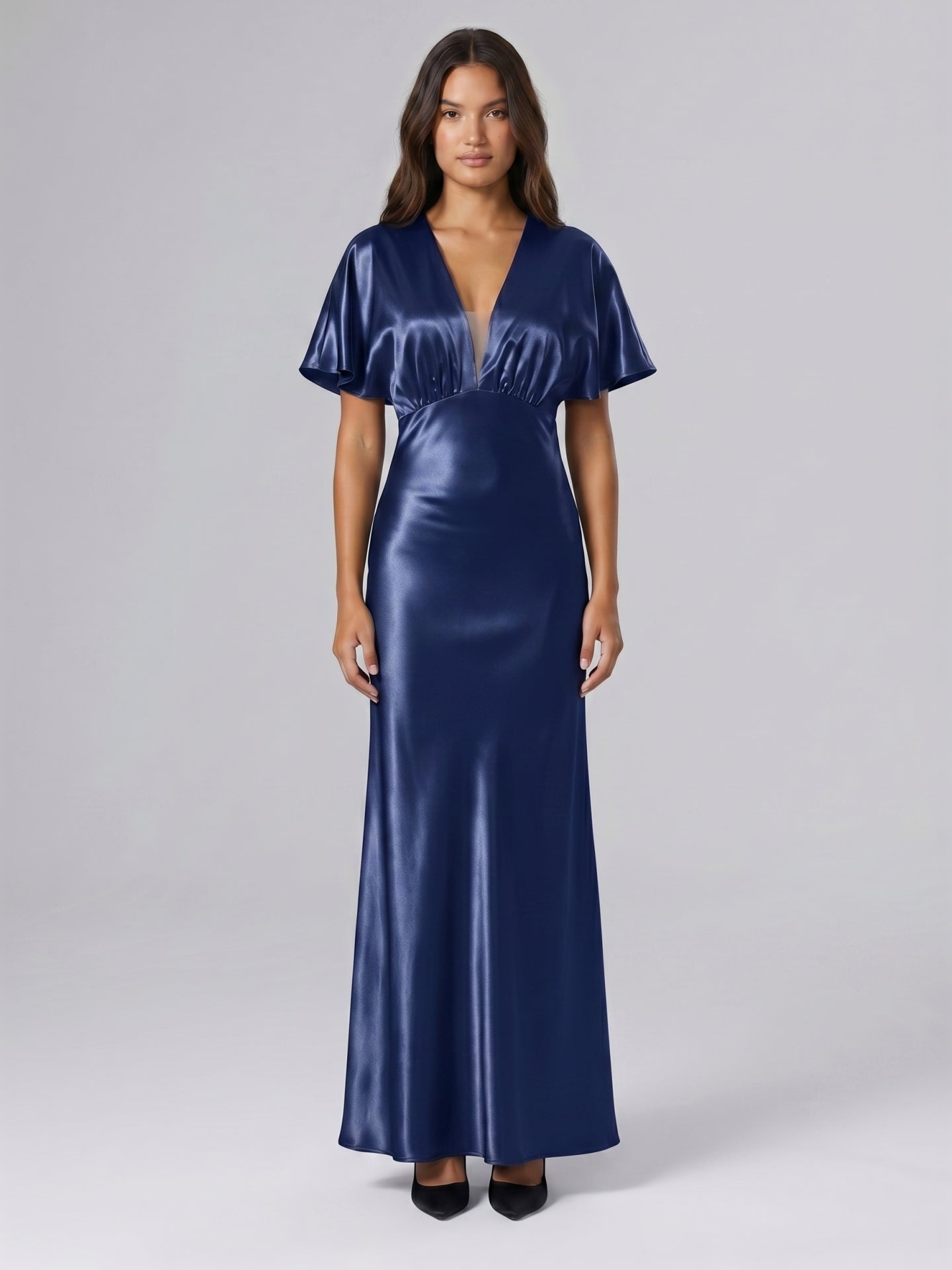 Navy Blue Satin A-Line V-Neck Side Zip Floor-Length Bridesmaid Dress