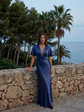 Navy Blue Satin A-Line V-Neck Side Zip Floor-Length Bridesmaid Dress