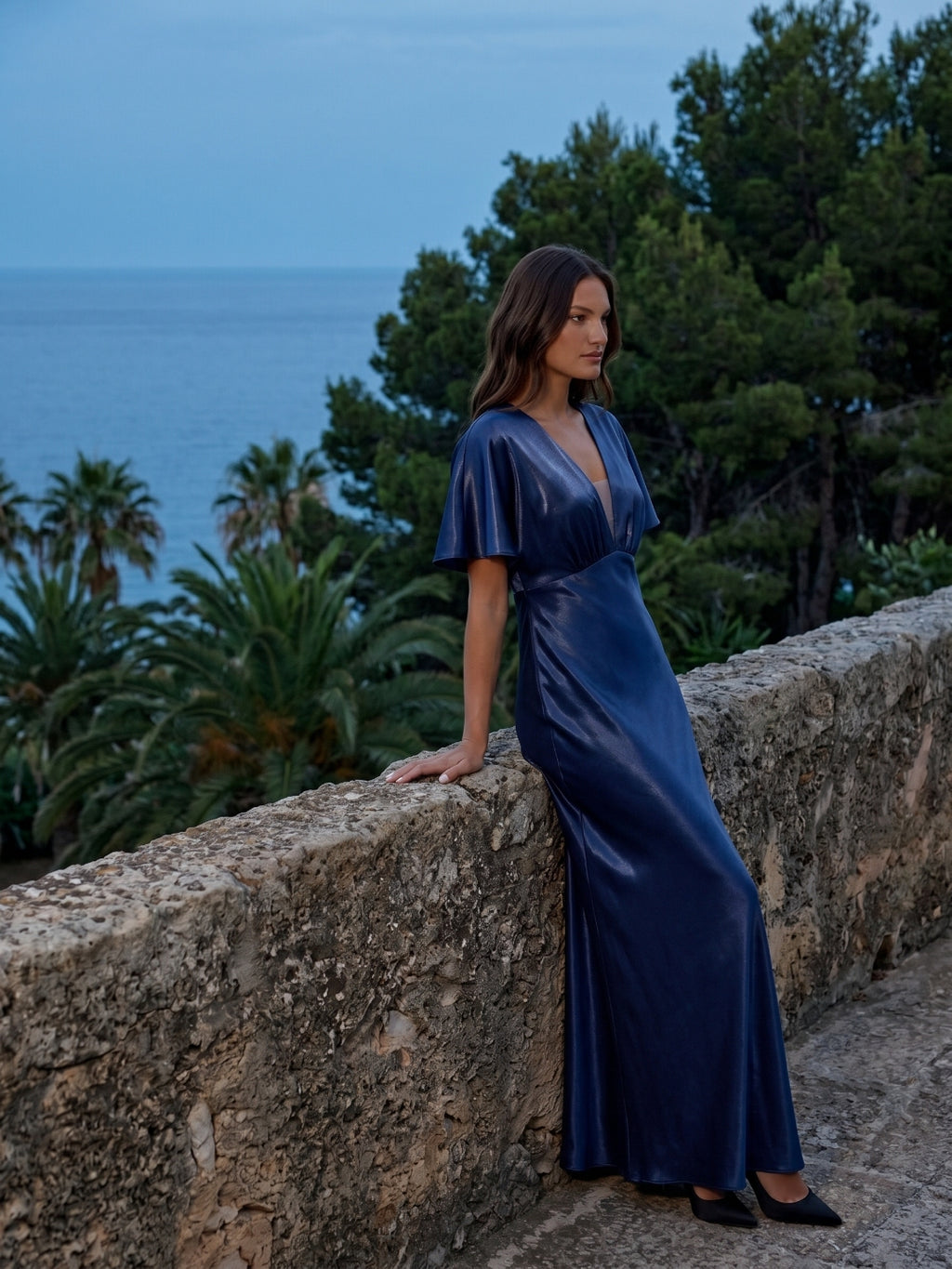 Navy Blue Satin A-Line V-Neck Side Zip Floor-Length Bridesmaid Dress