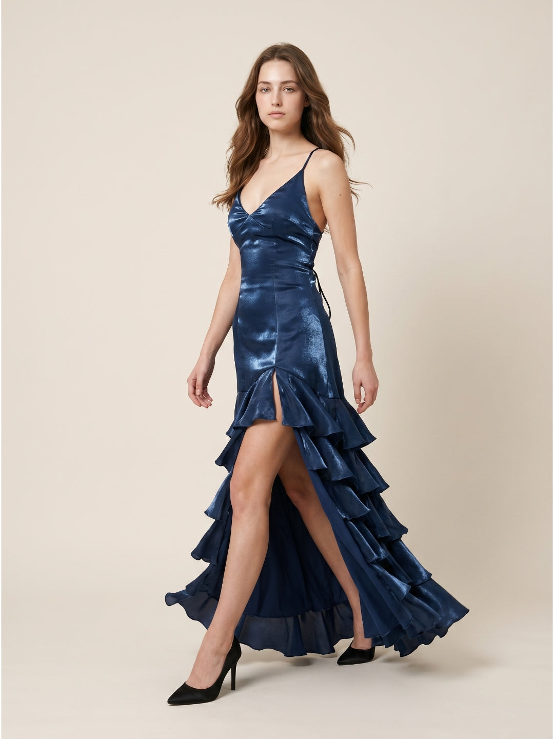 Navy Blue Satin Mermaid V-Neck Lace-Up Back Floor-Length Evening Dress with Cascading Ruffles