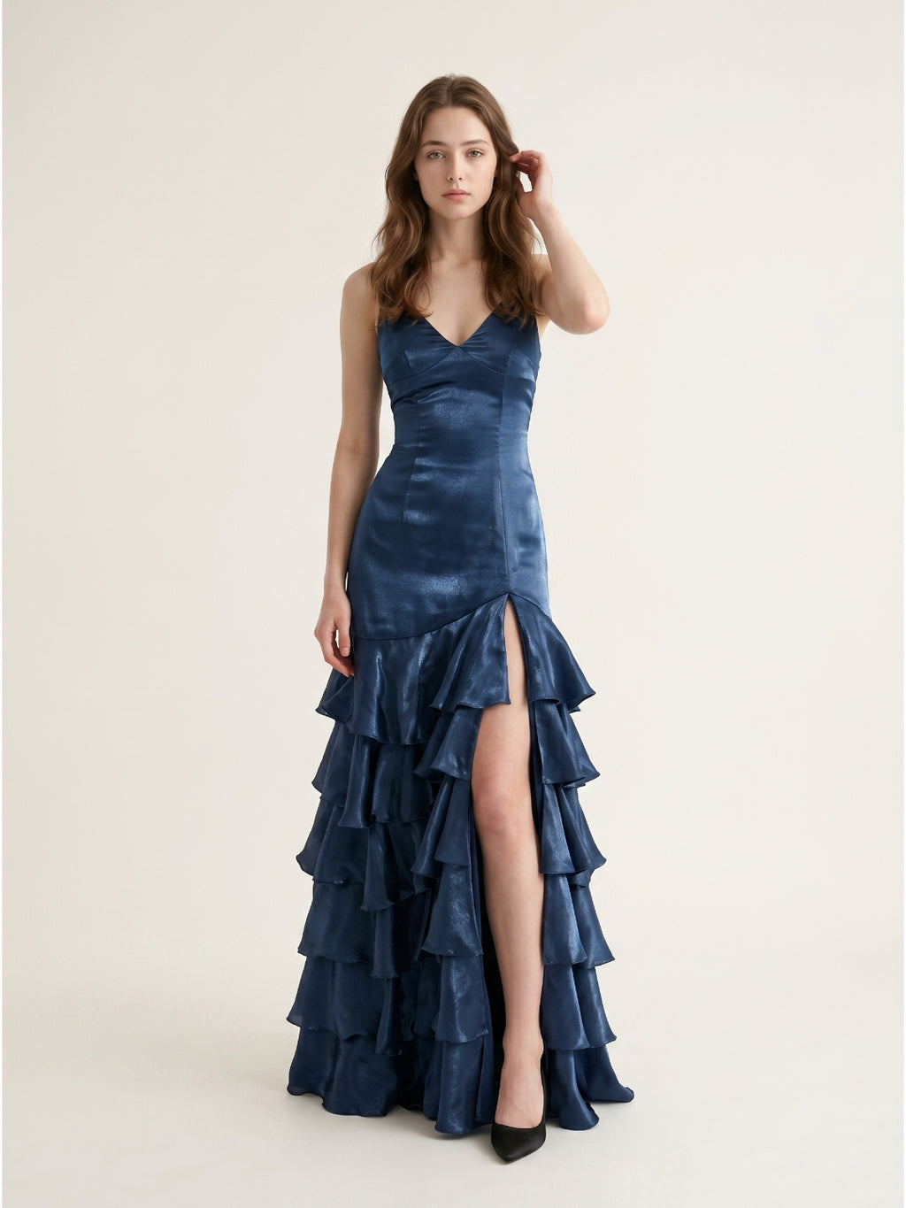 Navy Blue Satin Mermaid V-Neck Lace-Up Back Floor-Length Evening Dress with Cascading Ruffles