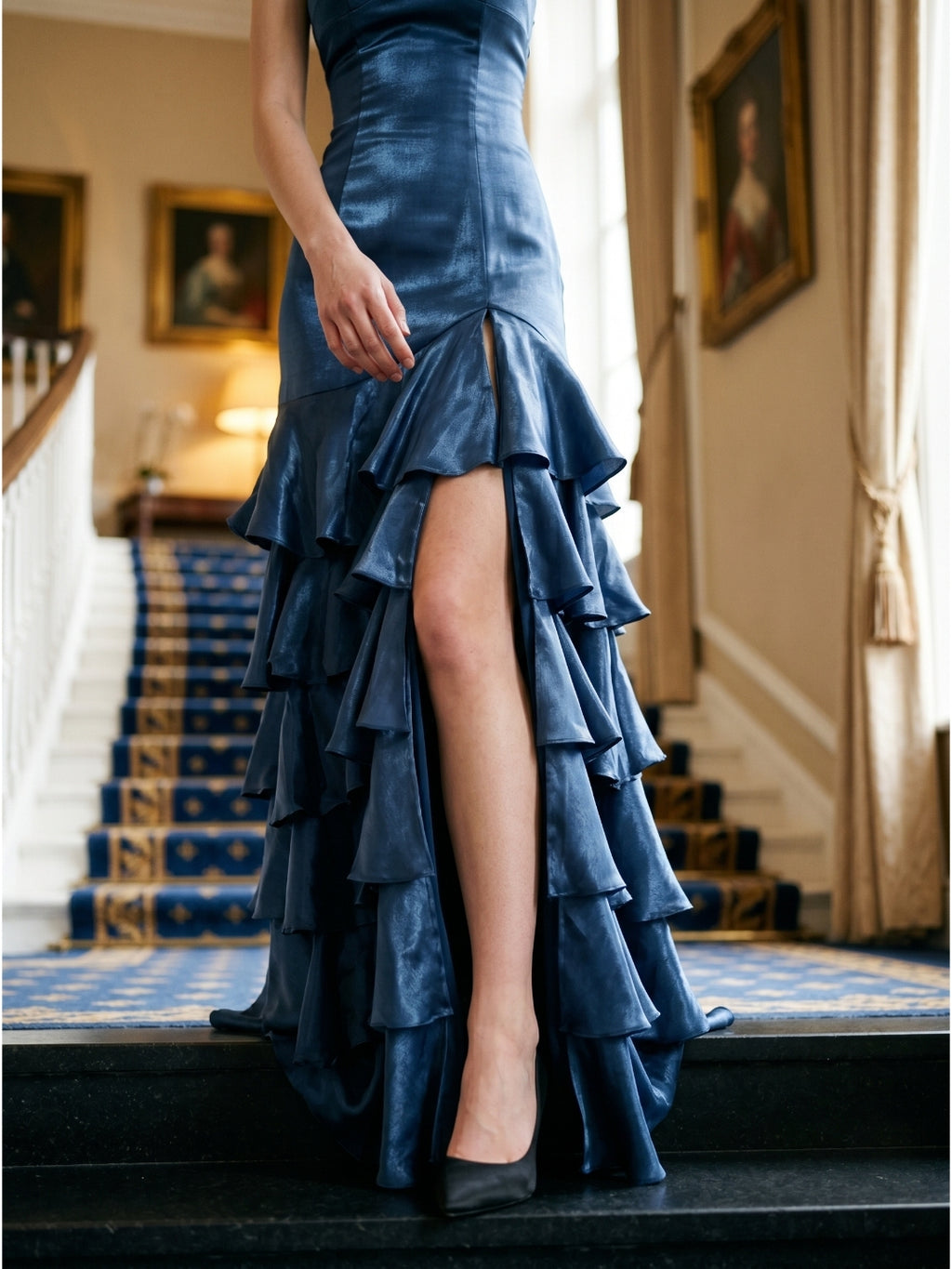 Navy Blue Satin Mermaid V-Neck Lace-Up Back Floor-Length Evening Dress with Cascading Ruffles