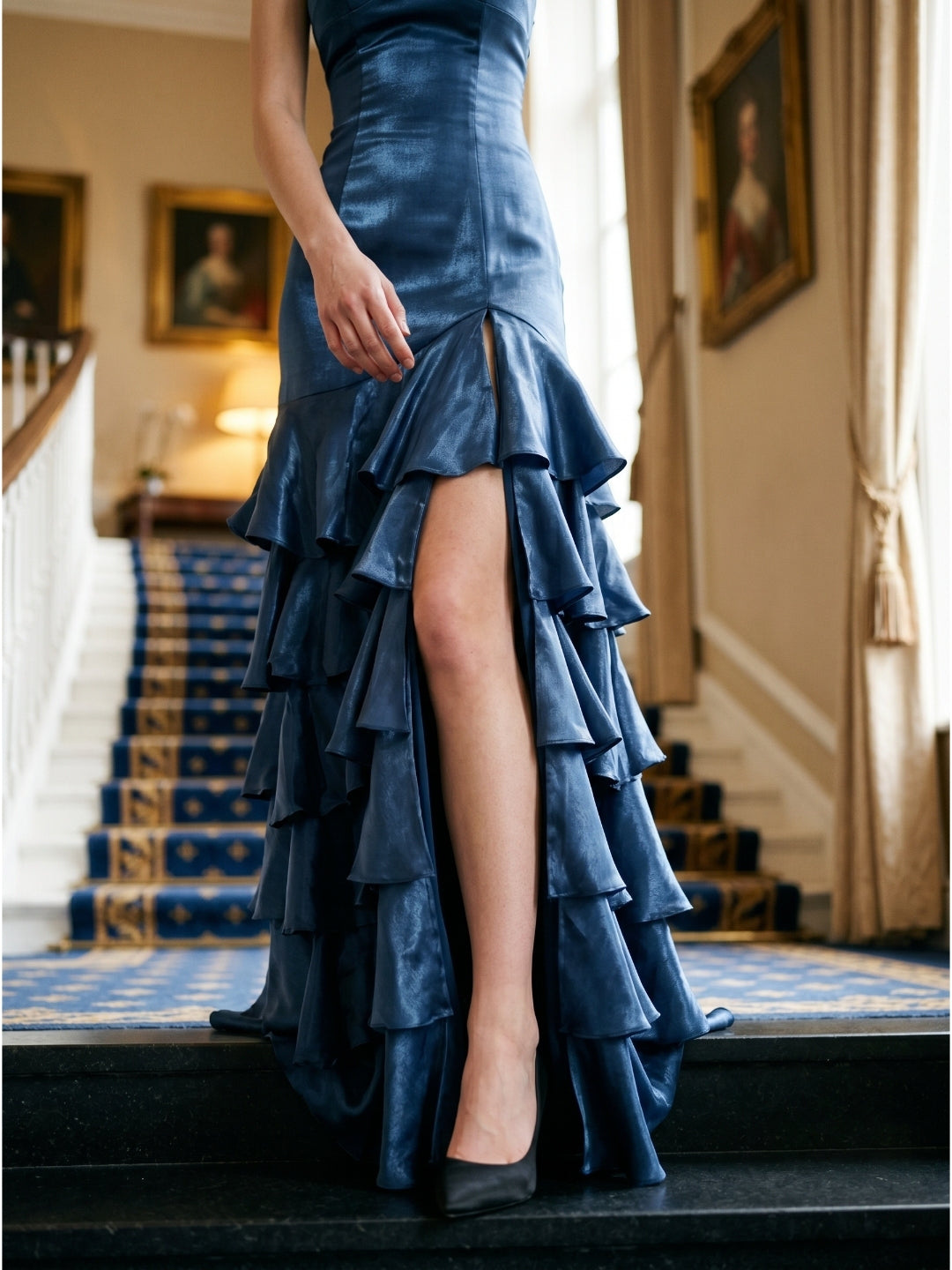 Navy Blue Satin Mermaid V-Neck Lace-Up Back Floor-Length Evening Dress with Cascading Ruffles