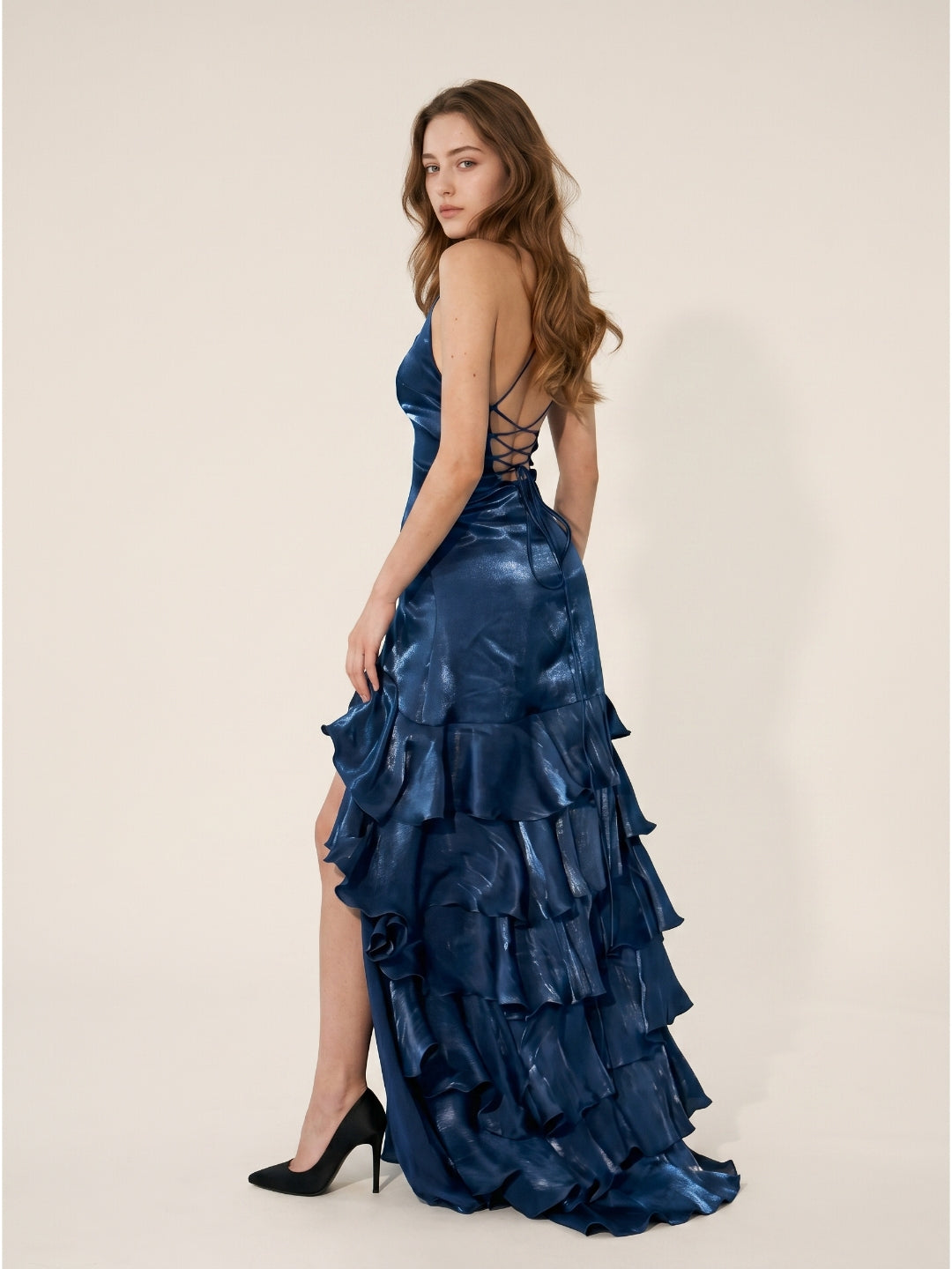 Navy Blue Satin Mermaid V-Neck Lace-Up Back Floor-Length Evening Dress with Cascading Ruffles