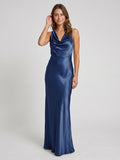 Navy Blue Satin Sheath Cowl Neck Back Zip Floor-Length Bridesmaid Dress