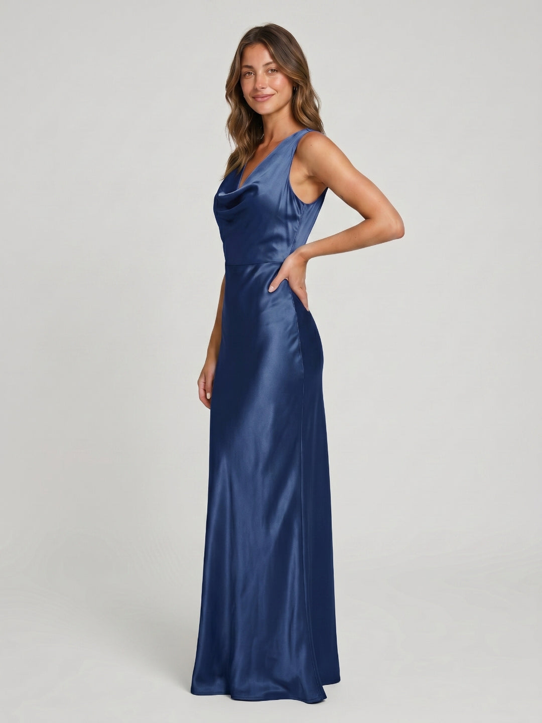 Navy Blue Satin Sheath Cowl Neck Back Zip Floor-Length Bridesmaid Dress