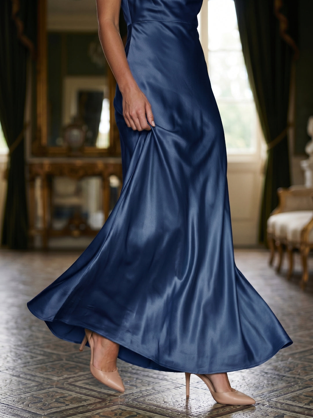 Navy Blue Satin Sheath Cowl Neck Back Zip Floor-Length Bridesmaid Dress