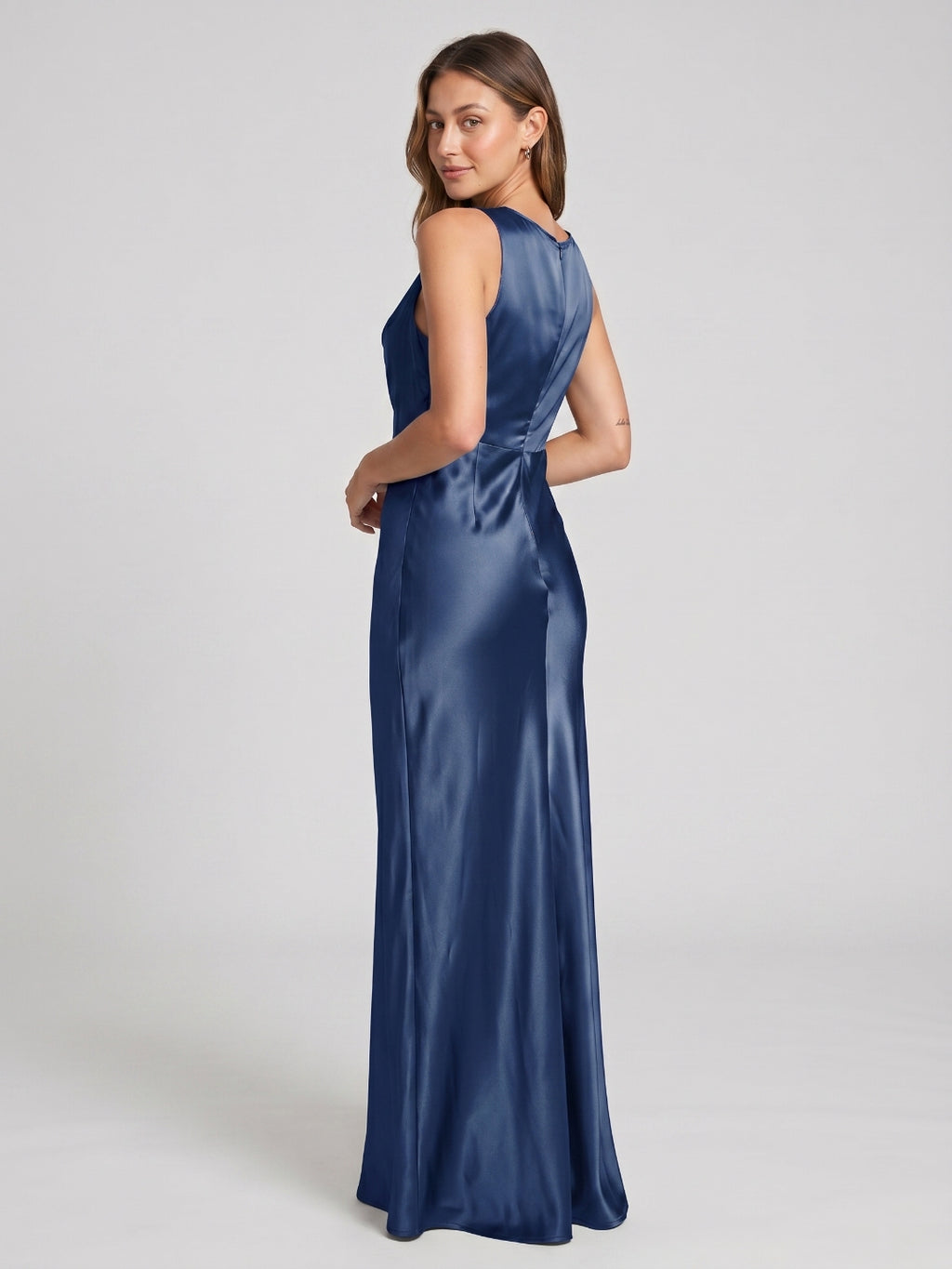 Navy Blue Satin Sheath Cowl Neck Back Zip Floor-Length Bridesmaid Dress